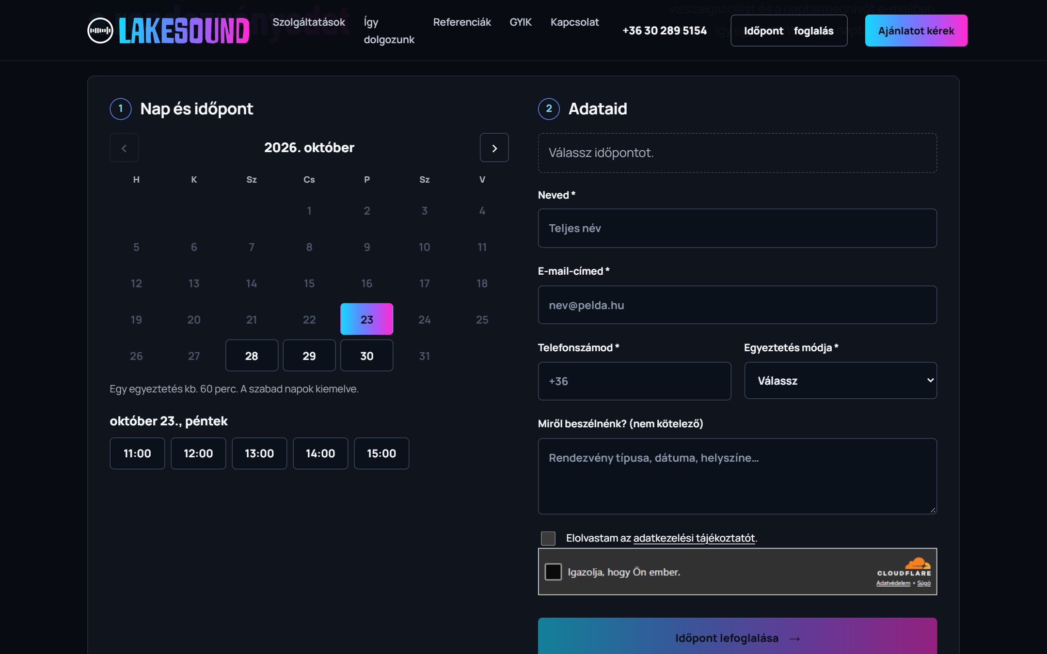 A lakesound.hu online időpontfoglalója naptárral, szabad időpontokkal és adatlappal